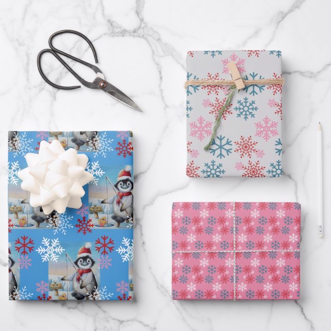 Whimsical Pinguin Ice Fischen Geschenkpapier Set (Vorderseite)