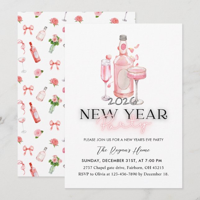Whimsical Pink 2026 Neujahrsfeier Einladung (Vorne/Hinten)