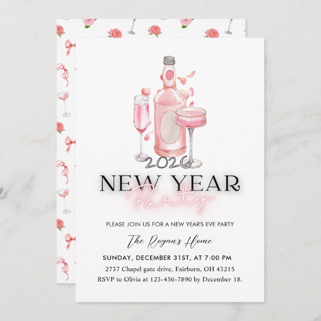 Whimsical Pink 2026 New Year Party Einladung (Vorne/Hinten)
