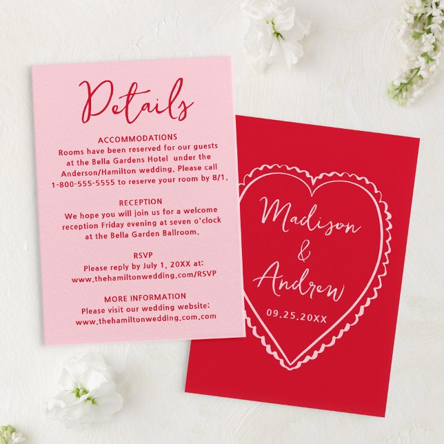 Whimsical Pink and Red Heart Wedding Details Begleitkarte (Von Creator hochgeladen)