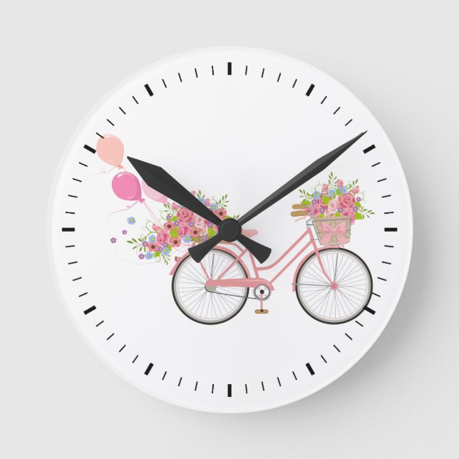 Whimsical Pink Bicycle Runde Wanduhr (Vorderseite)