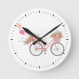 Whimsical Pink Bicycle Runde Wanduhr