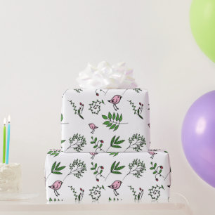 Whimsical Pink Bird und Green Blätter Geschenkpapier