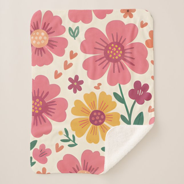 Whimsical Pink Bloom & Hearts Retro-Muster Sherpadecke (Vorderseite)