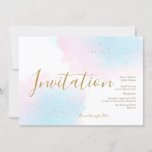 Whimsical Pink Blue Watercolor Gold Splash Hochzei Einladung
