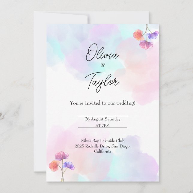 Whimsical Pink & Blue Wedding Einladungen (Vorderseite)