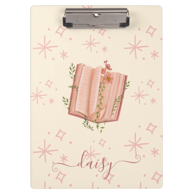 Whimsical Pink Book & Stars Personalized Klemmbrett (Vorderseite)