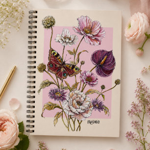 Whimsical Pink Botanische Schmetterlings-Blumen Notizblock