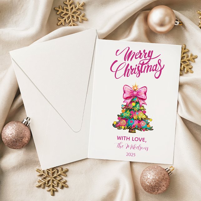 Whimsical Pink Bow Christmas Tree Feiertagskarte (Von Creator hochgeladen)