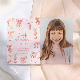 Whimsical Pink Bow Girl Foto Geburtstag Einladung