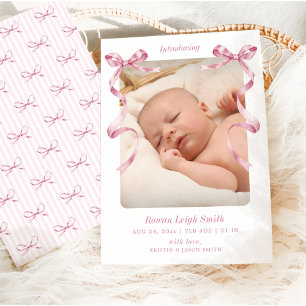 Whimsical Pink Bows Baby Birth Ankündigung