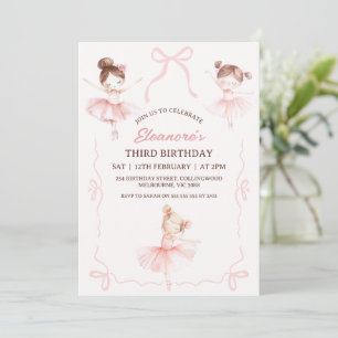 Whimsical Pink Brown Bows Ballerina 3. Geburtstag Einladung
