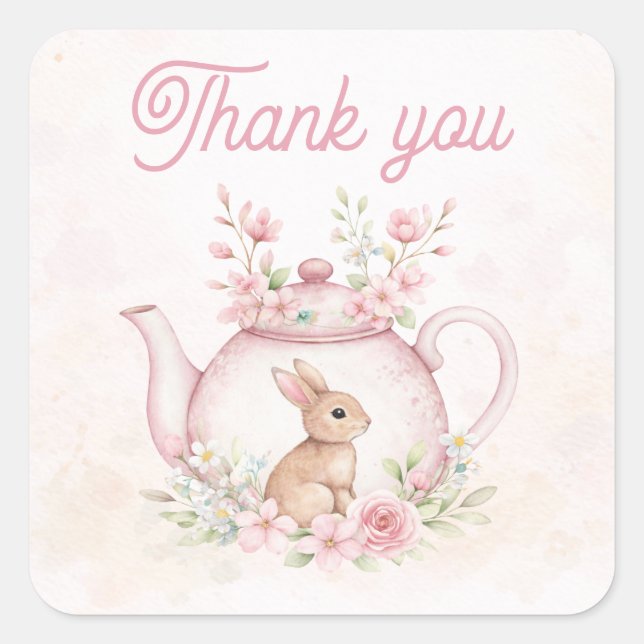 Whimsical Pink Bunny Teapot Floral Thank you Quadratischer Aufkleber (Vorderseite)