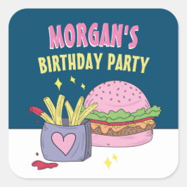 Whimsical Pink Burger and Fries Birthday Party Quadratischer Aufkleber