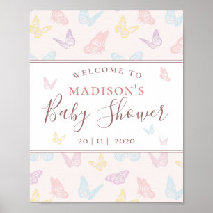Whimsical Pink Butterfly Baby Dusche Begrüßungszei Poster