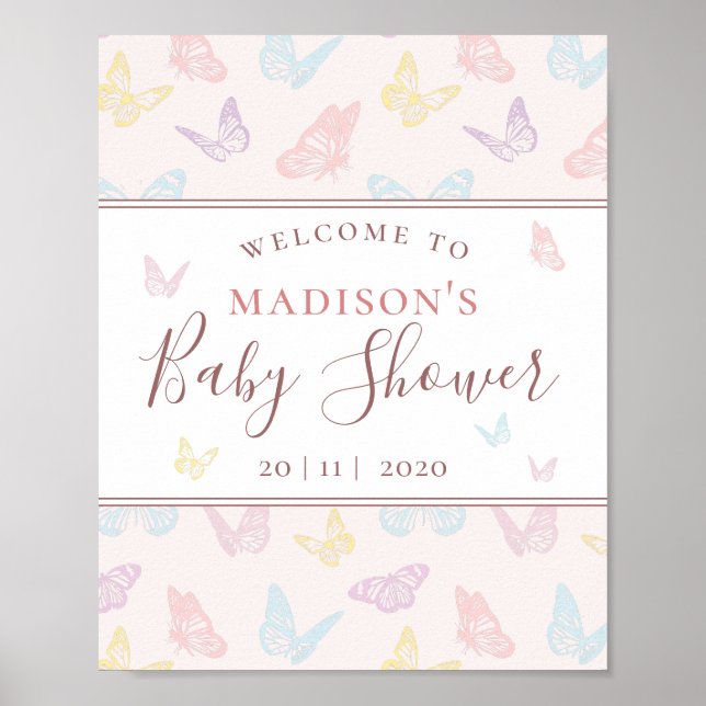 Whimsical Pink Butterfly Baby Dusche Begrüßungszei Poster (Vorne)