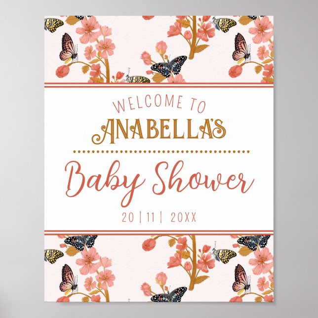 Whimsical Pink Butterfly Baby Dusche Begrüßungszei Poster (Vorne)