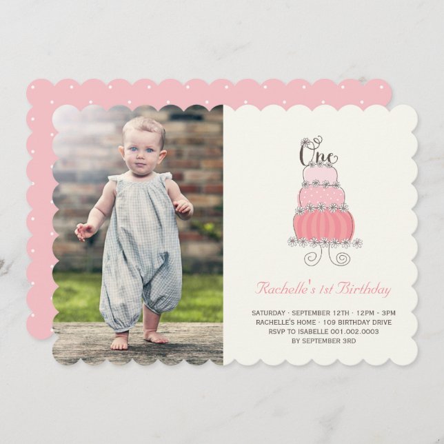 Whimsical Pink Cake Baby Girl First Birthday Foto Einladung (Vorne/Hinten)