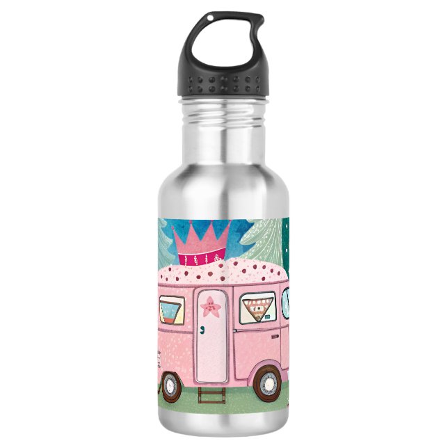 Whimsical Pink Camper Van Camping Scene Edelstahlflasche (Vorderseite)