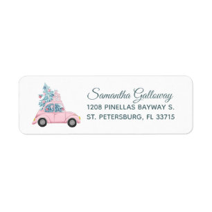 Whimsical Pink Car mit Weihnachtsbaum und Geschenk
