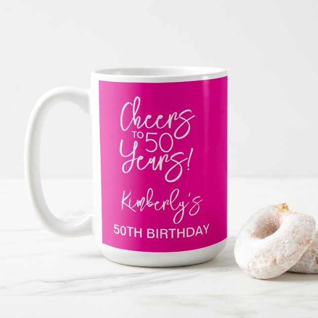 Whimsical Pink Cheers to 50 Years Birthday Classic Kaffeetasse (Mit Donut)