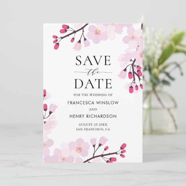 Whimsical Pink Cherry Blüten botanisch Save The Date (Stehend Vorderseite)