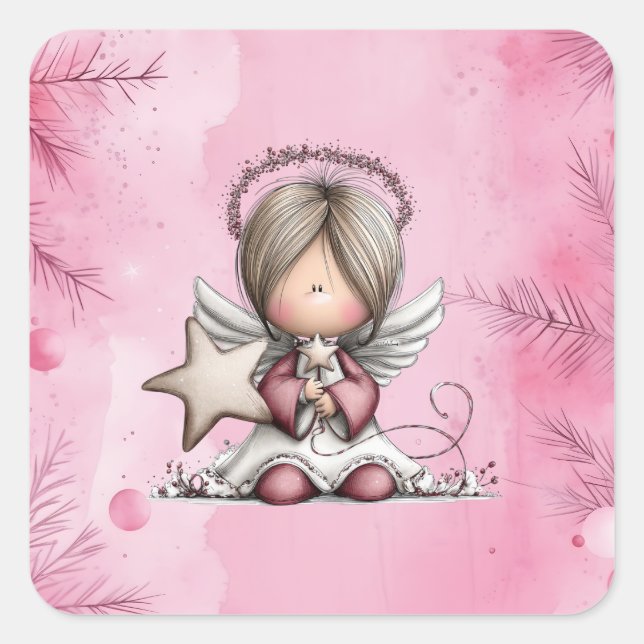 Whimsical Pink Christmas Angel Quadratischer Aufkleber (Vorderseite)
