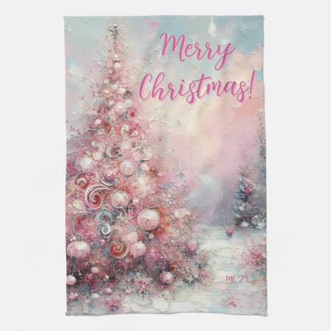 Whimsical Pink Christmas Tree Personalized Geschirrtuch (Vertikal)