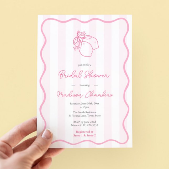 Whimsical Pink Citrus Bridal Dusche Einladung (Pretty pink and white doodles citrus lemon bridal shower invitation with modern wavy border)