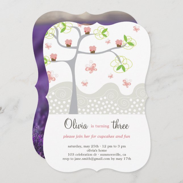 Whimsical Pink Cupcakes Tree Girl Birthday Einladu Einladung (Vorne/Hinten)