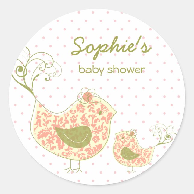 Whimsical Pink Damask Mommy Bird Girl Baby Dusche Runder Aufkleber (Vorderseite)