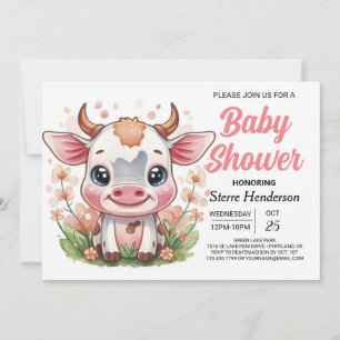 Whimsical Pink Digital Cow Baby Dusche Einladung