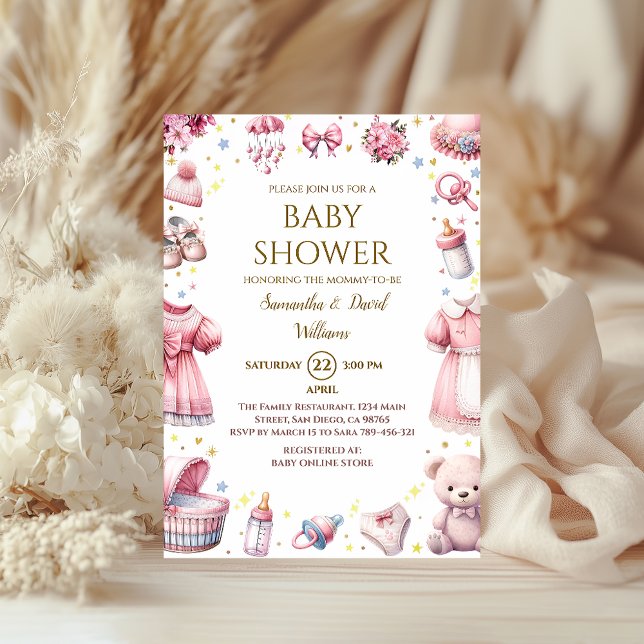 Whimsical Pink Elegant Baby Shower Floral Girl Einladung (Von Creator hochgeladen)