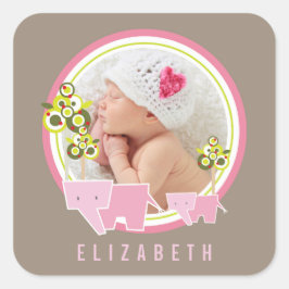 Whimsical Pink Elephants Family Baby Girl Foto Quadratischer Aufkleber