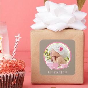 Whimsical Pink Elephants Family Baby Girl Foto Quadratischer Aufkleber