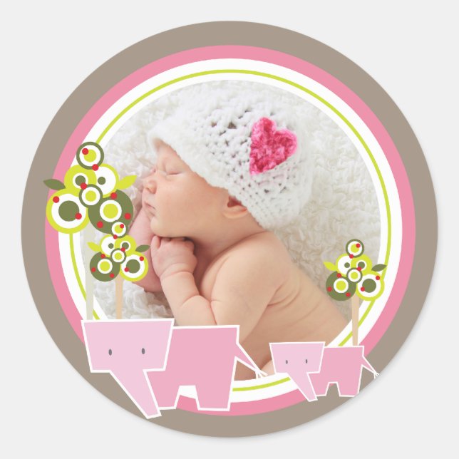 Whimsical Pink Elephants Family Baby Girl Foto Runder Aufkleber (Vorderseite)
