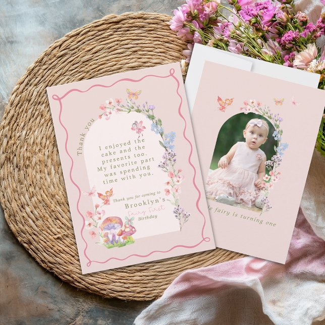 Whimsical Pink Fairy Erster Geburtstag Dankeschön  Dankeskarte (Whimsical Pink Fairy First Birthday Thank You Card
)