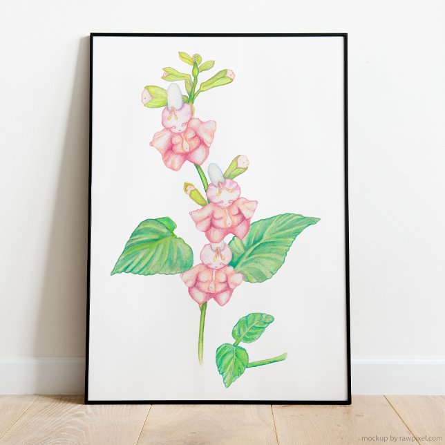 Whimsical Pink Fantasy Blume Buds Watercolor Poster (magical watercolor illustration featuring three darling pink flower beings on a vibrant green stem)