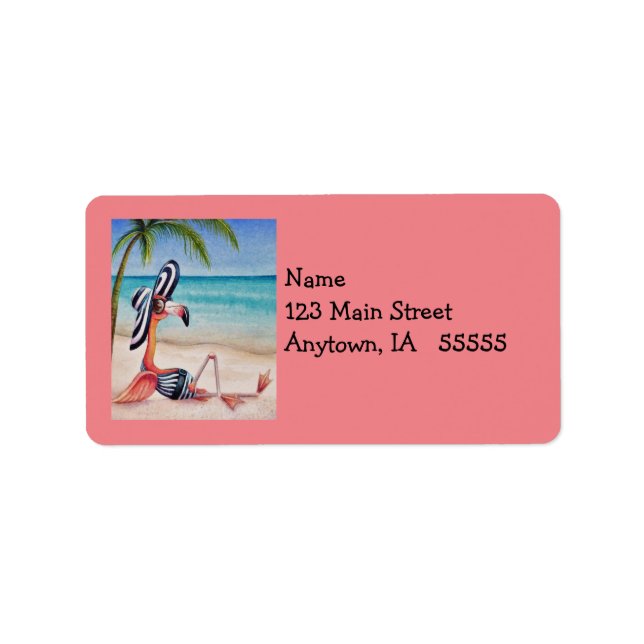 Whimsical Pink Flamingo No. 1 Wasserfarbe Kunst Adressaufkleber (Vorne)
