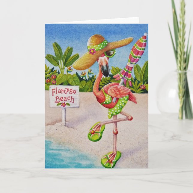 Whimsical Pink Flamingo Nr. 2 Wasserfarbe Kunst Karte (Vorderseite)