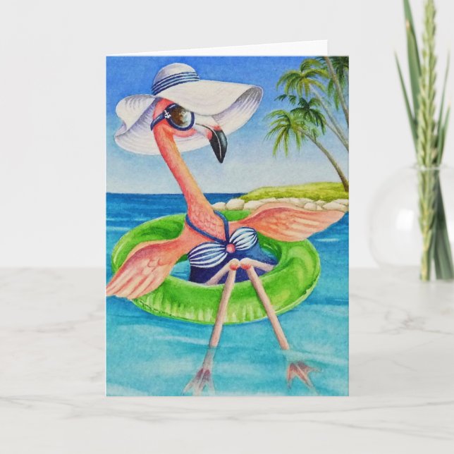 Whimsical Pink Flamingo Nr. 3 Wasserfarbe Kunst Karte (Vorderseite)