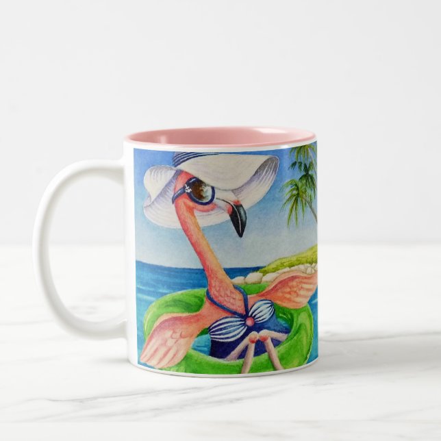 Whimsical Pink Flamingo Nr. 3 Wasserfarbe Kunst Zweifarbige Tasse (Links)