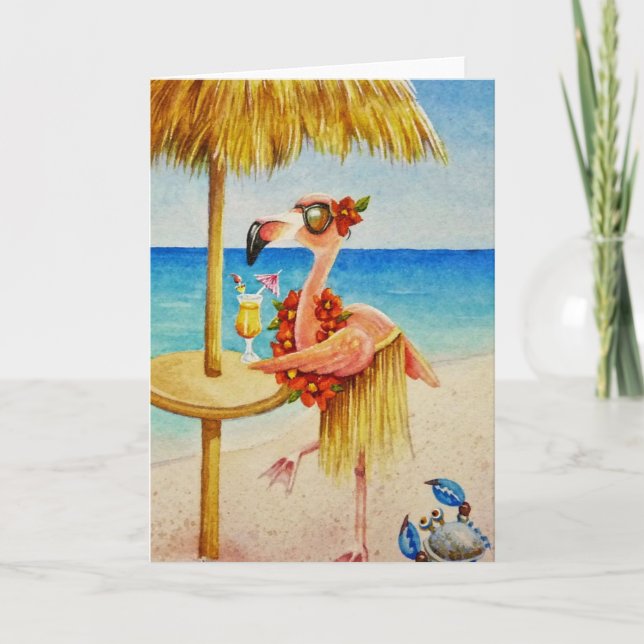 Whimsical Pink Flamingo Nr. 4 Wasserfarbe Kunst Karte (Vorderseite)