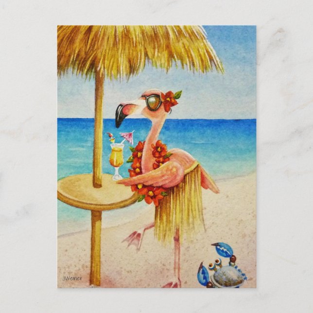 Whimsical Pink Flamingo Nr. 4 Wasserfarbe Kunst Postkarte (Vorderseite)