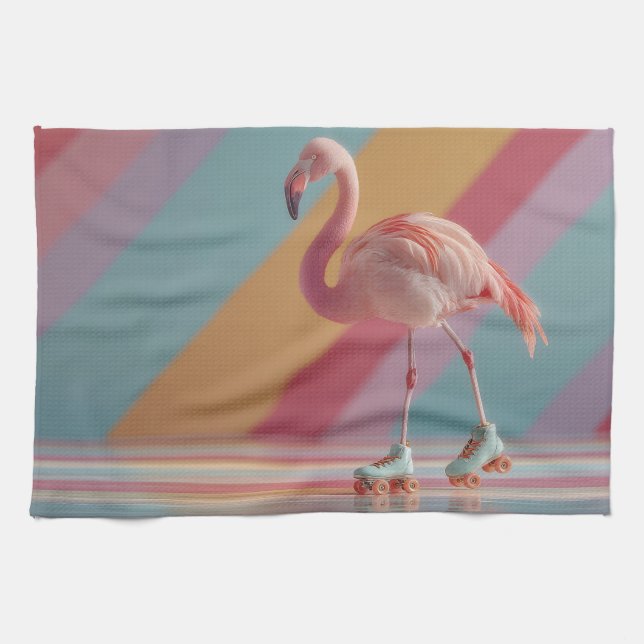 Whimsical Pink Flamingo on Roller Skates Geschirrtuch (Horizontal)