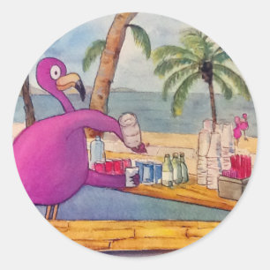 Whimsical Pink Flamingo Pours Party Drinks Strand Runder Aufkleber