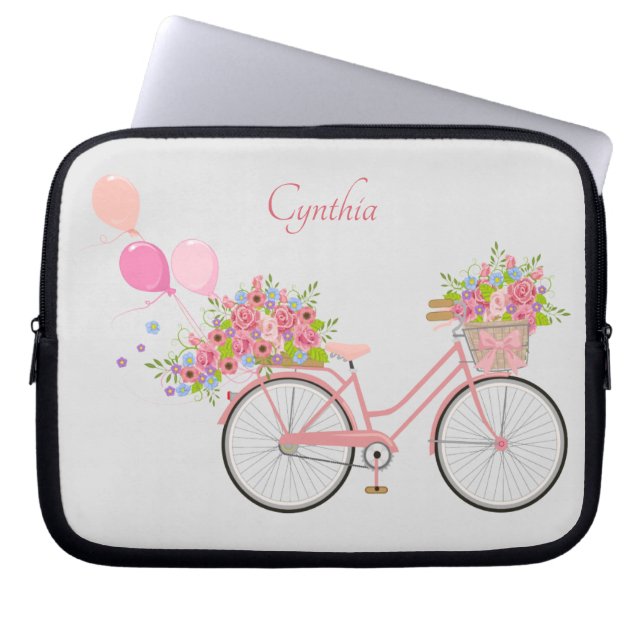 Whimsical Pink Floral Bike Personalisiert Laptopschutzhülle (Vorderseite)