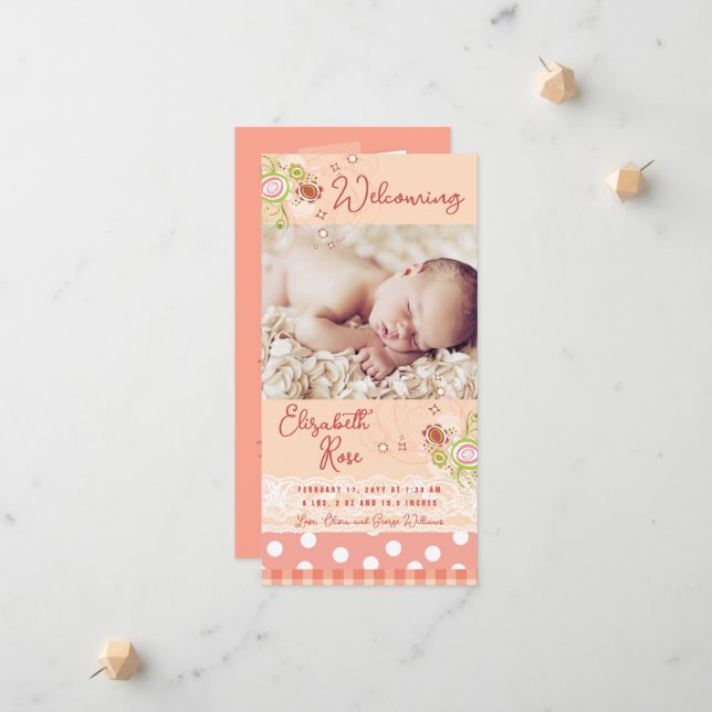 Whimsical Pink Floral Blooms Baby Girl Foto Geburt Ankündigung (Vorderseite/Rückseite Beispiel)