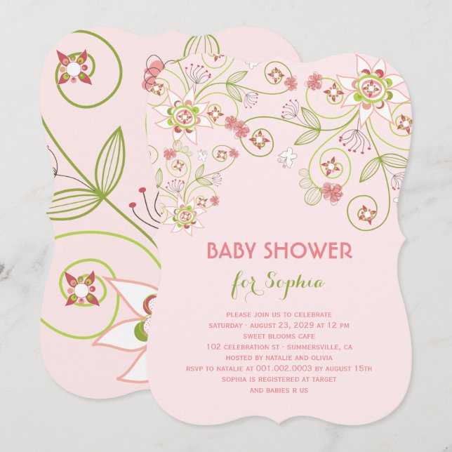 Whimsical Pink Floral Blooms Chic Girl Baby Dusche Einladung (Vorne/Hinten)