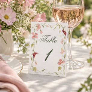 Whimsical Pink Florale Ranken-Schleife Gartenhochz Tischnummer